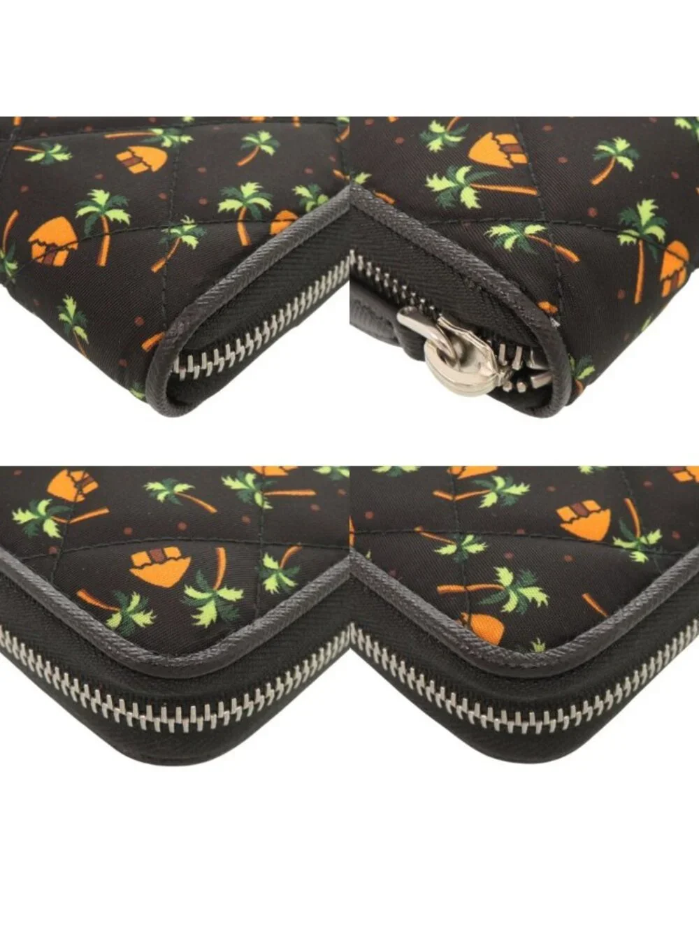 Prada Palm Tree House Nylon Saffiano Leather Black Multicolor Zip Around Wallet
